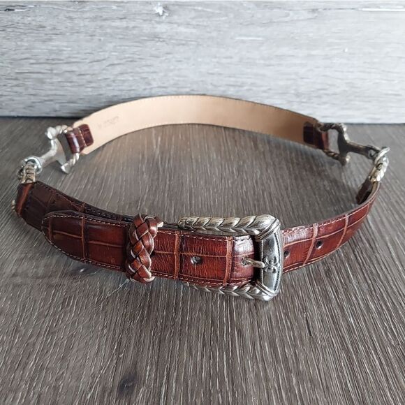 Vintage 1996 Brighton Brown Croc Print Leather Belt - Medium - Picture 1 of 8